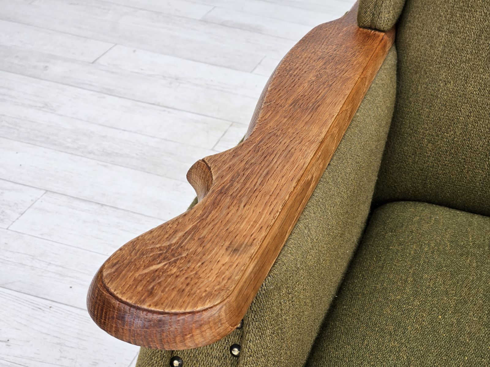 1970s, Danish Wingback Chair, Original Upholstery, Green Furniture Wool. photo vintage