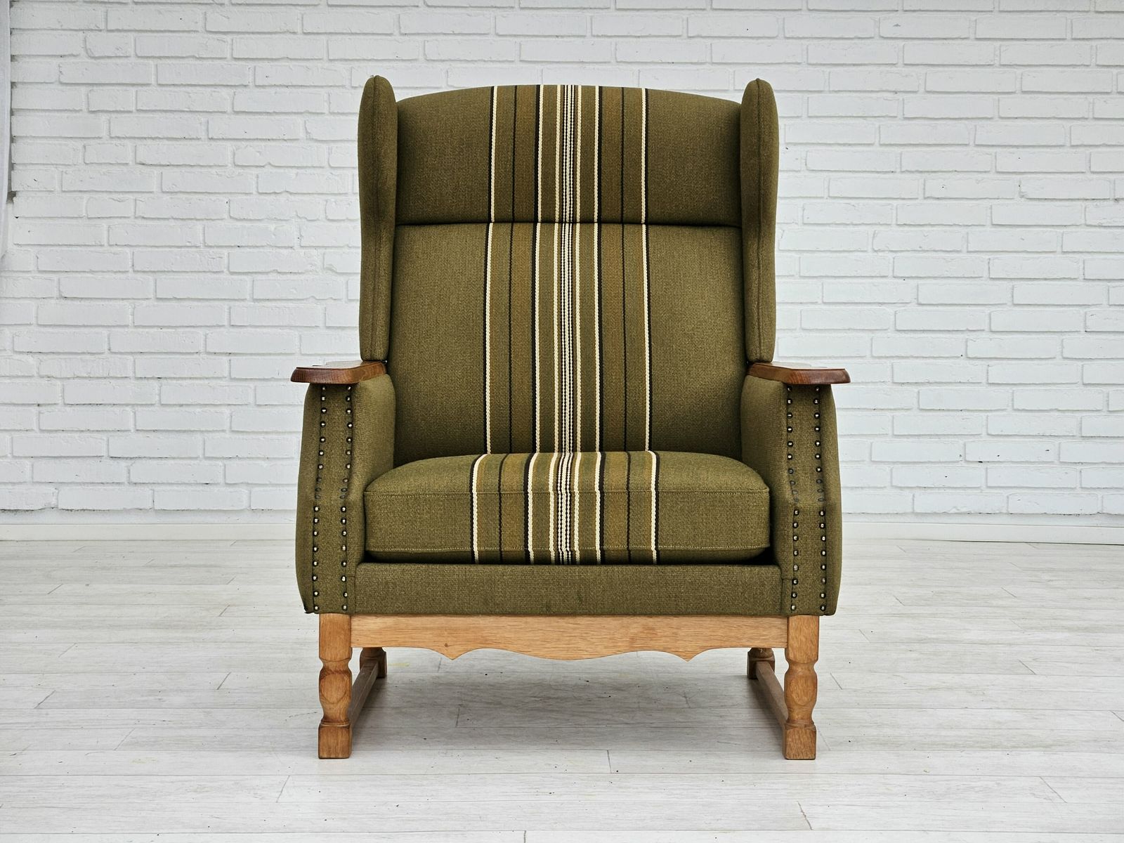 photo for sale 1970s, Danish Wingback Chair, Original Upholstery, Green Furniture Wool.