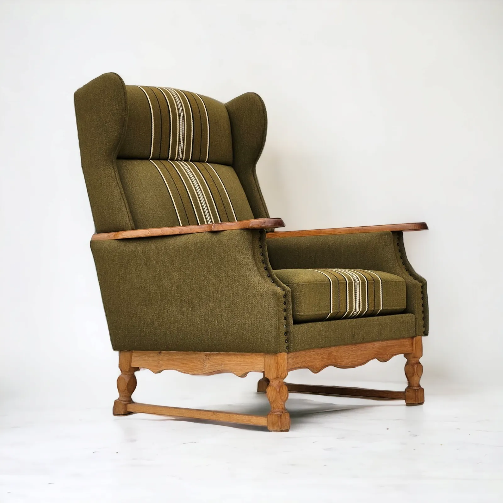 1970s, Danish Wingback Chair, Original Upholstery, Green Furniture Wool.