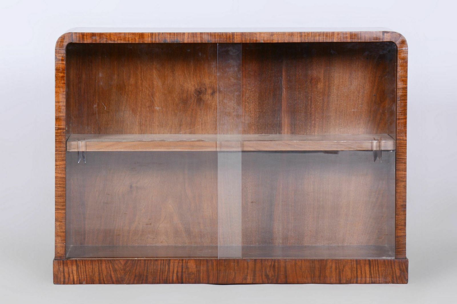 Small Restored Art Deco Display Bookcase, Walnut And Glass, Czech, 1930s photo for sale