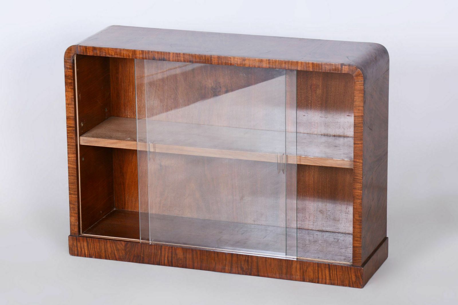 Small Restored Art Deco Display Bookcase, Walnut And Glass, Czech, 1930s photo vinterior