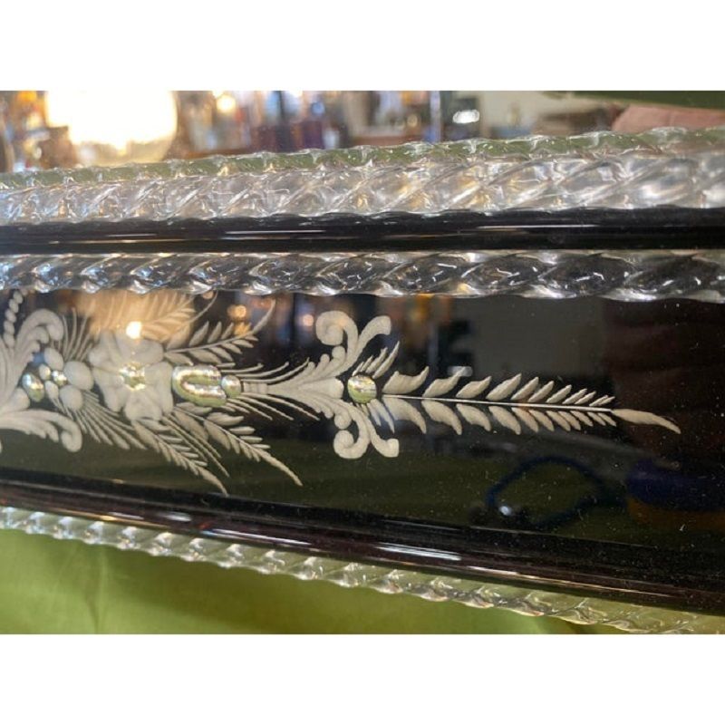 21st Century Venetian Black Floreal Hand Carving Wall Mirror In Murano Glass photo buy