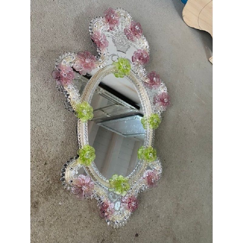 2000s Venetian Oval Green And Pink Floreal Hand Carving Mirror In Murano Glass Style photo Home Decor