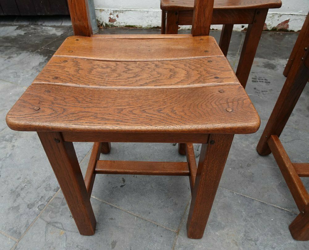 French Brutalist Oak And Leather Horn Form Chairs, 1970s, Set Of 6 photo vintage