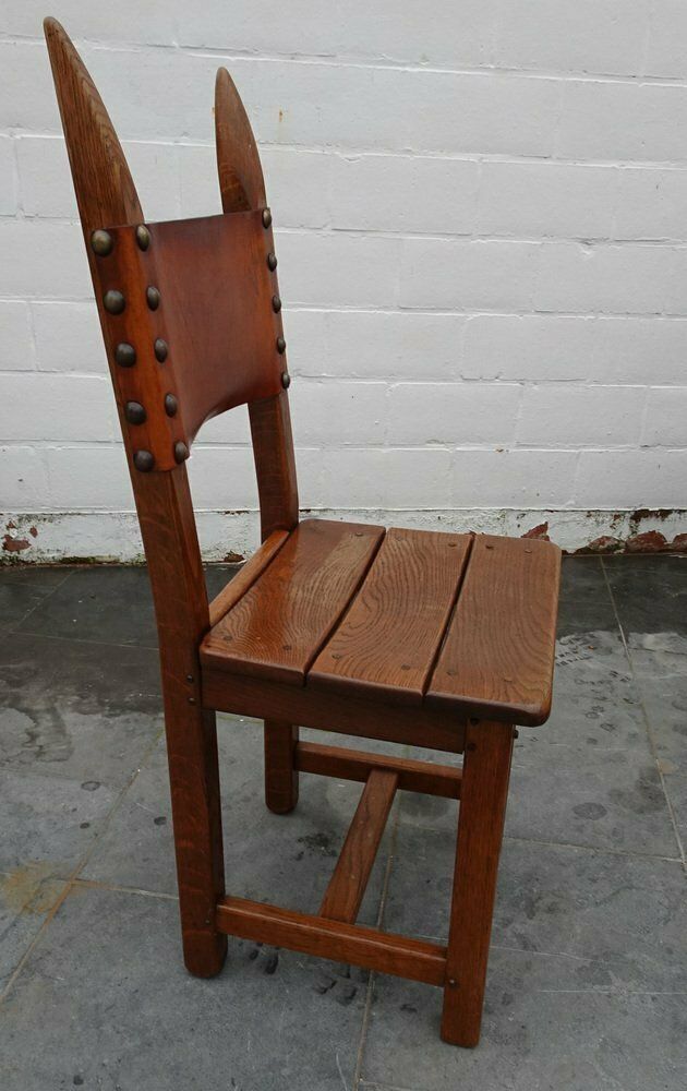 photo vintage French Brutalist Oak And Leather Horn Form Chairs, 1970s, Set Of 6