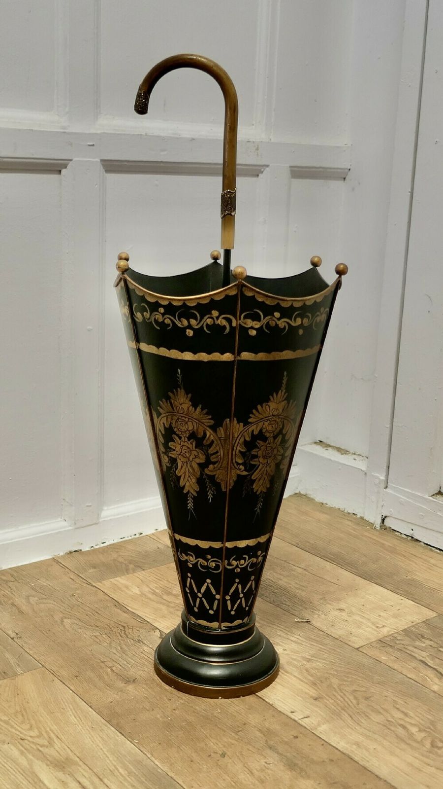 A Superb Italian Toleware Umbrella Stand, Hand Painted Gold On Black