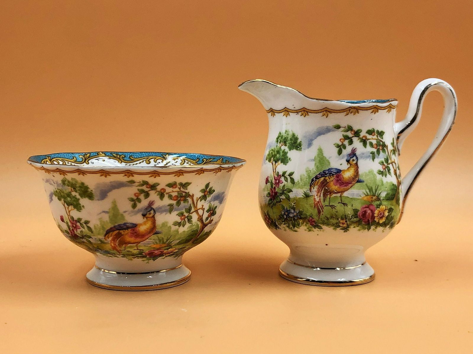 Vintage Royal Albert China Chelsea Bird Design Teal Creamer And Open Sugar Bowl Set. No. 839184.
