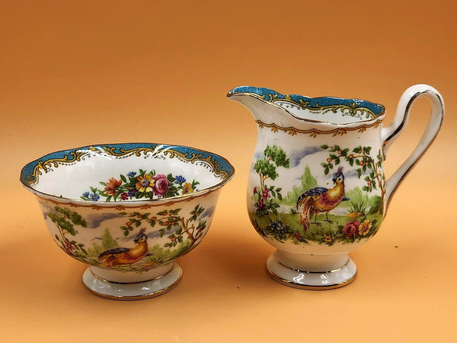 Vintage Royal Albert China Chelsea Bird Design Teal Creamer And Open Sugar Bowl Set. No. 839184. photo furniture