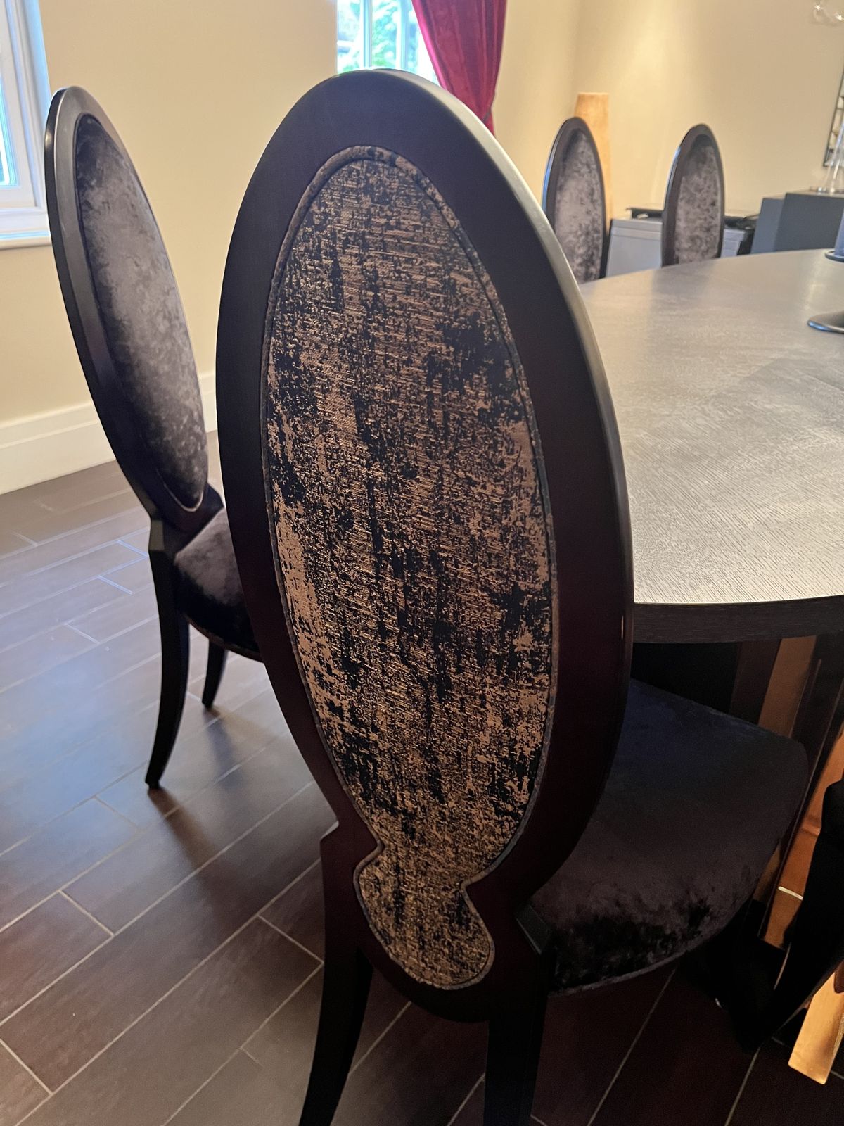 Wychwood Black Oak Dining Table With 8 Tall Sumptuous Dining Chairs photo for sale