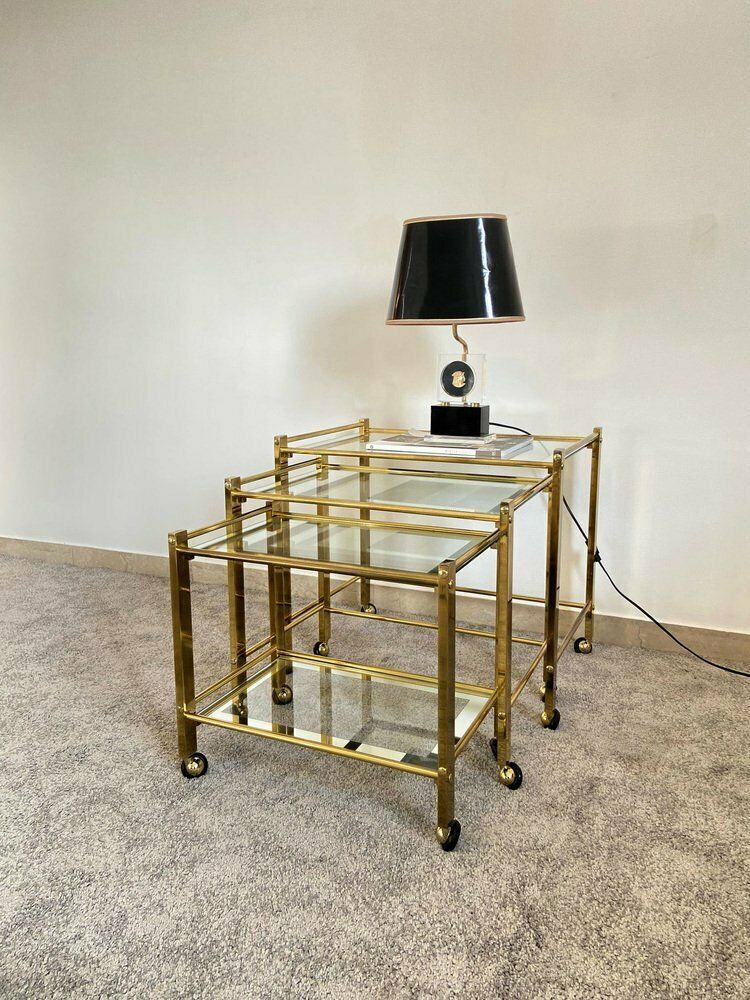 Nesting Tables In Brass And Glass, Italy, 1970, Set Of 3 photo furniture