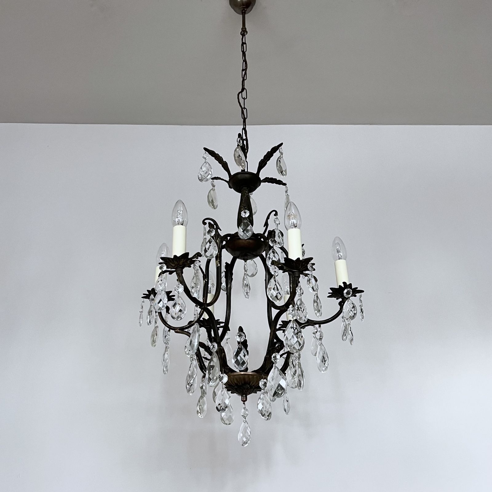 French Brass Birdcage Chandelier With Harlequin Glass Pear Drops photo furniture