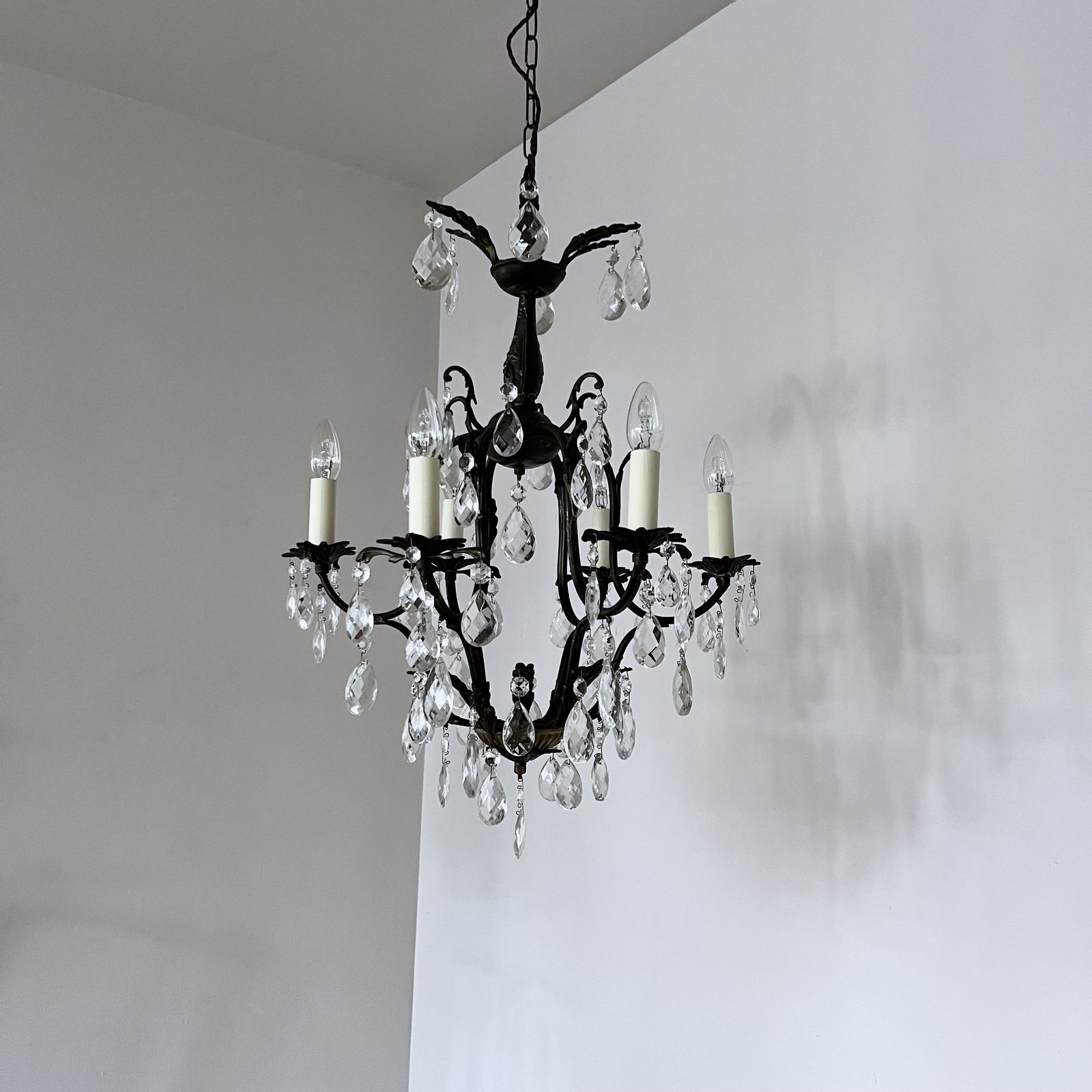 French Brass Birdcage Chandelier With Harlequin Glass Pear Drops photo for sale