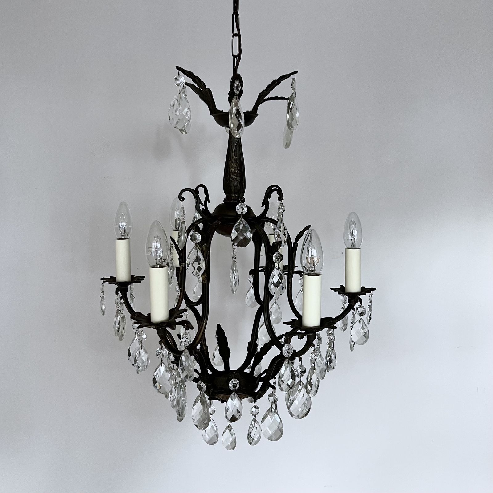 French Brass Birdcage Chandelier With Harlequin Glass Pear Drops photo 550.0