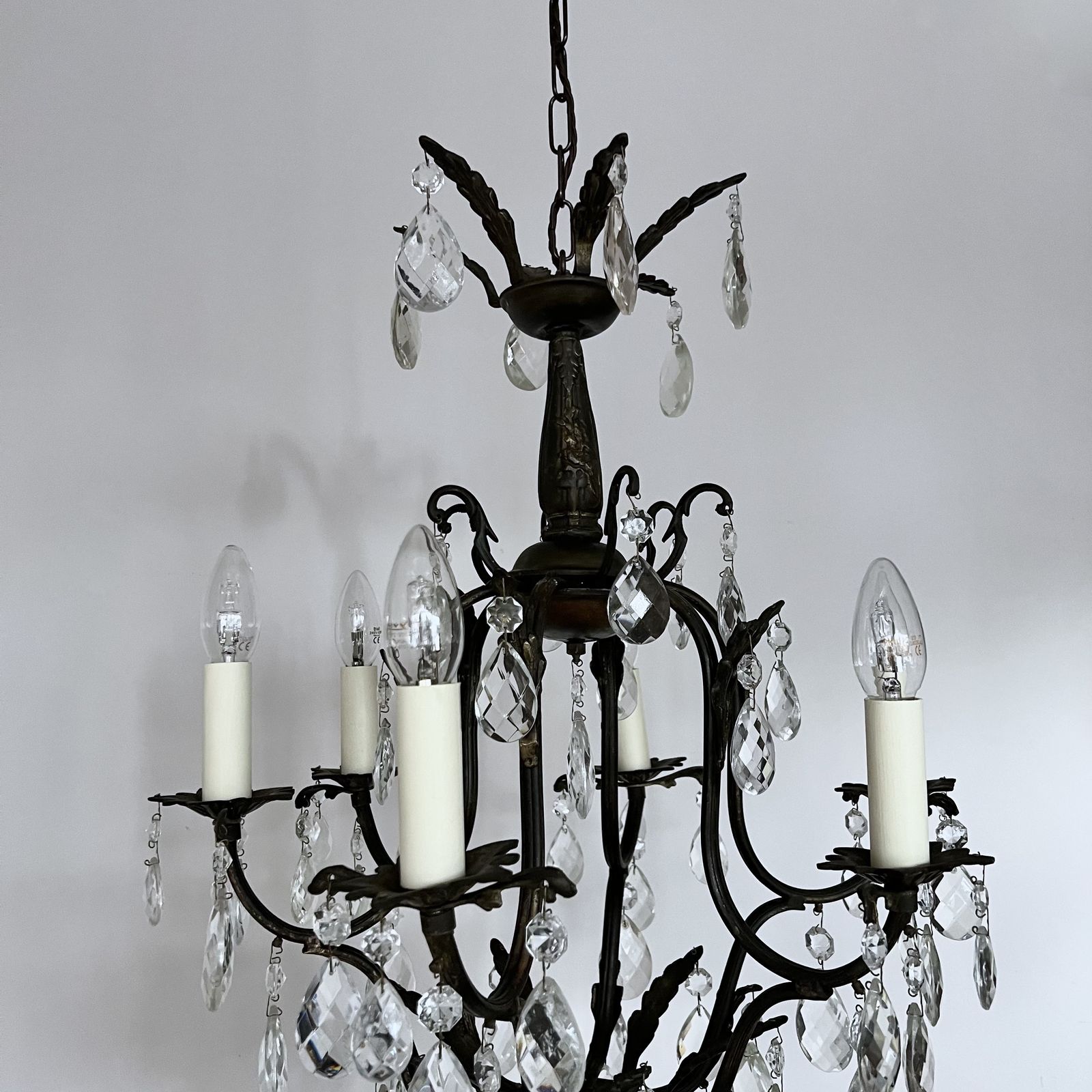 French Brass Birdcage Chandelier With Harlequin Glass Pear Drops photo buy