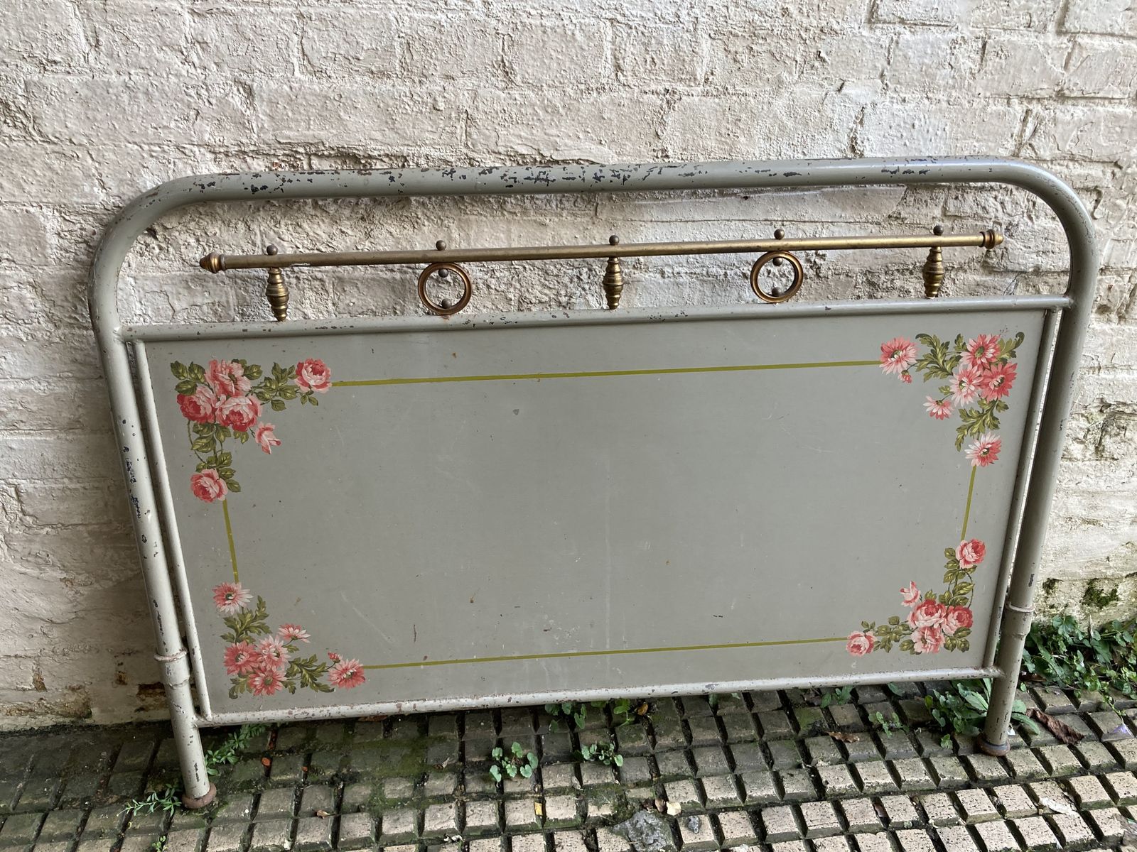 945.0 Charming French Steel And Brass Bed With Hand Painted Flora Detail And Pinstriping photo