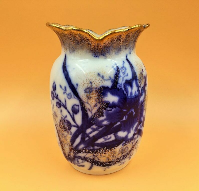 Beautiful Antique John Maddock & Sons Royal Vitreous Orchid Design Flow Blue Vase. C1890.