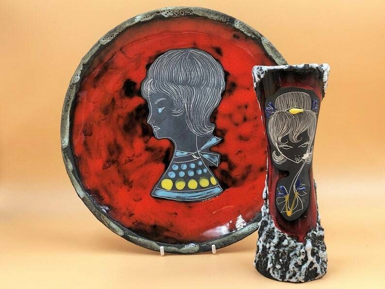 Mcm Augusto Giulianelli Italian San Marino Fat Lava / Enamel Sgraffito Wall Plaque / Charger & Vase.
