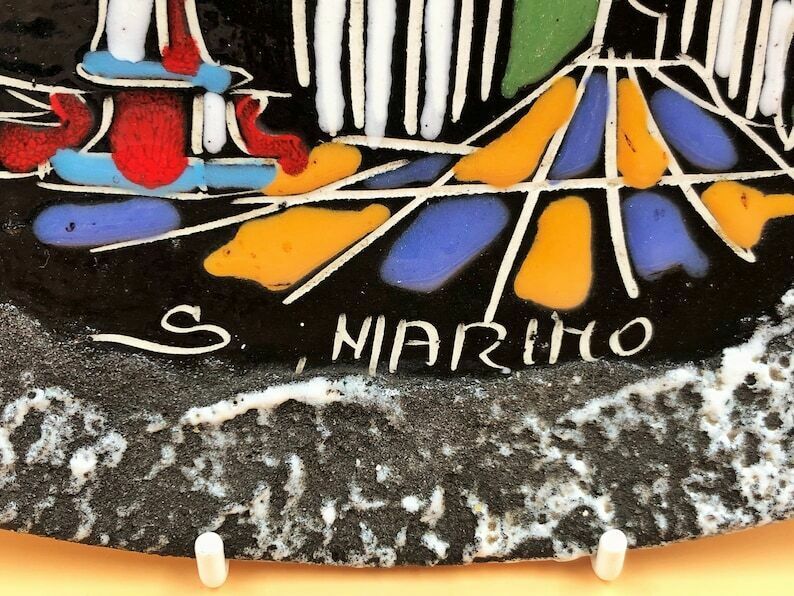 Mcm Augusto Giulianelli Italian San Marino Fat Lava / Enamel Hand Painted 3 Footed Dish / Wall Plaque. photo Art