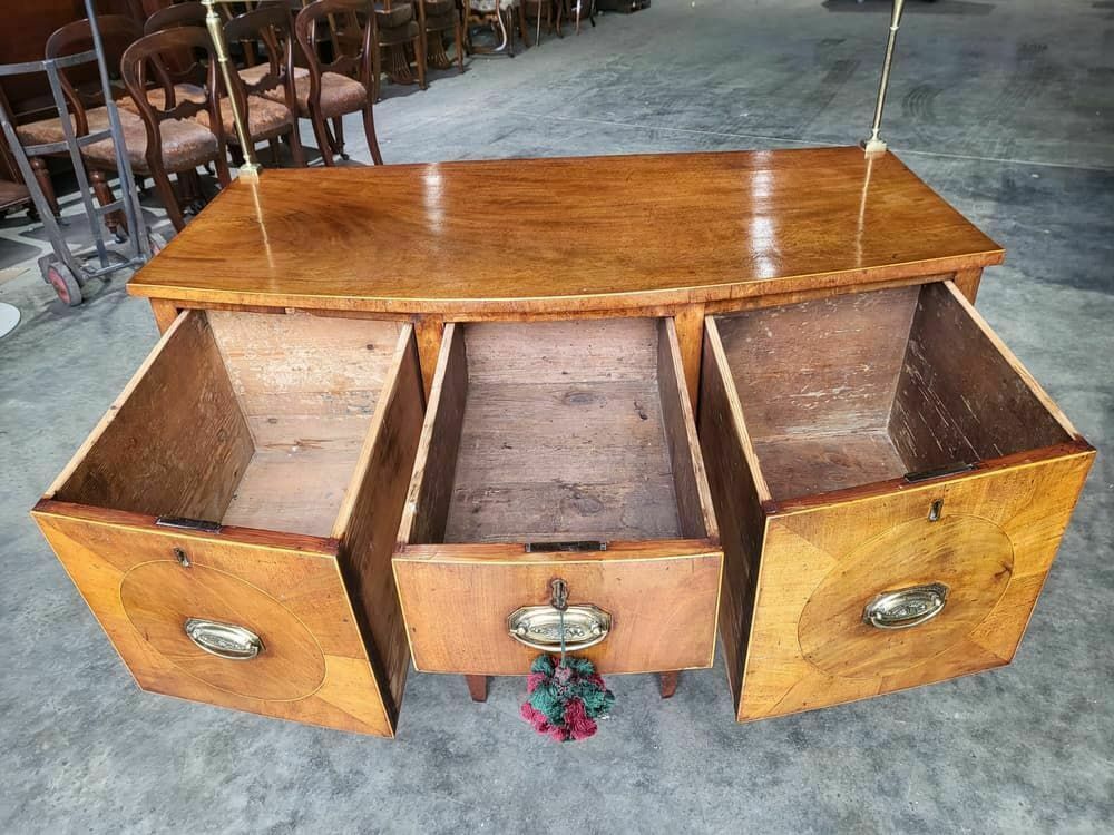 Antique Georgian Walnut Small Bow Front Sideboard 3 Drawers Tapered Legs photo for sale