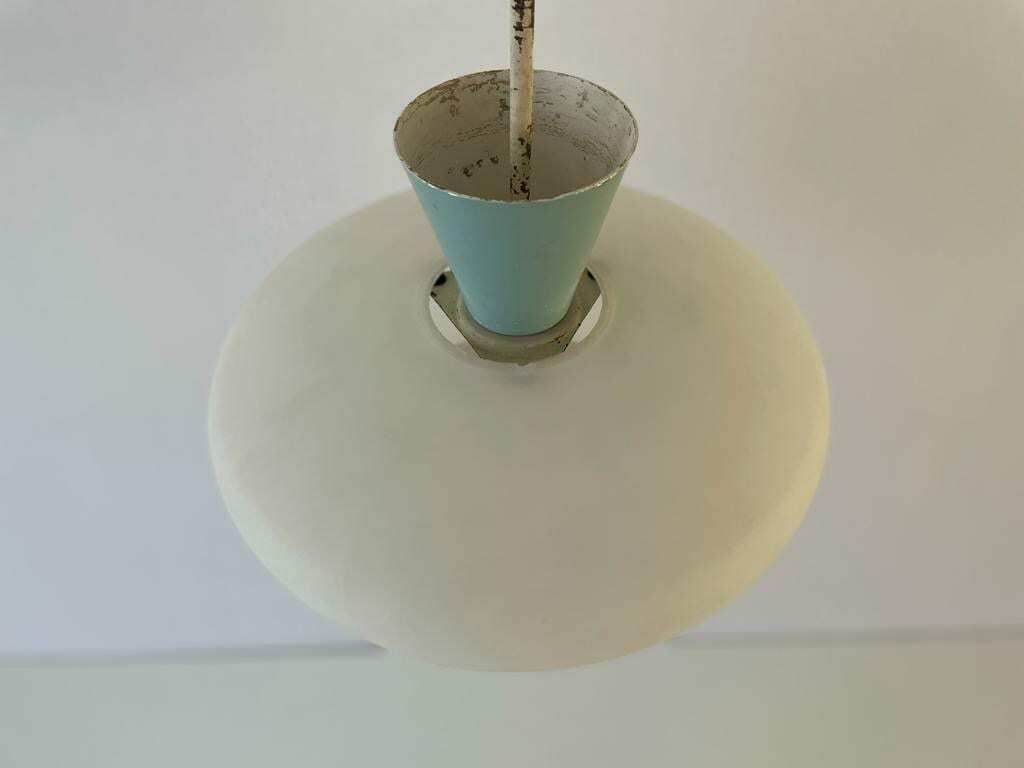 photo for sale Mid Century Glass And Turquois Metal Ceiling Lamp By Angelo Lelli For Arredoluce, 1950s, Italy