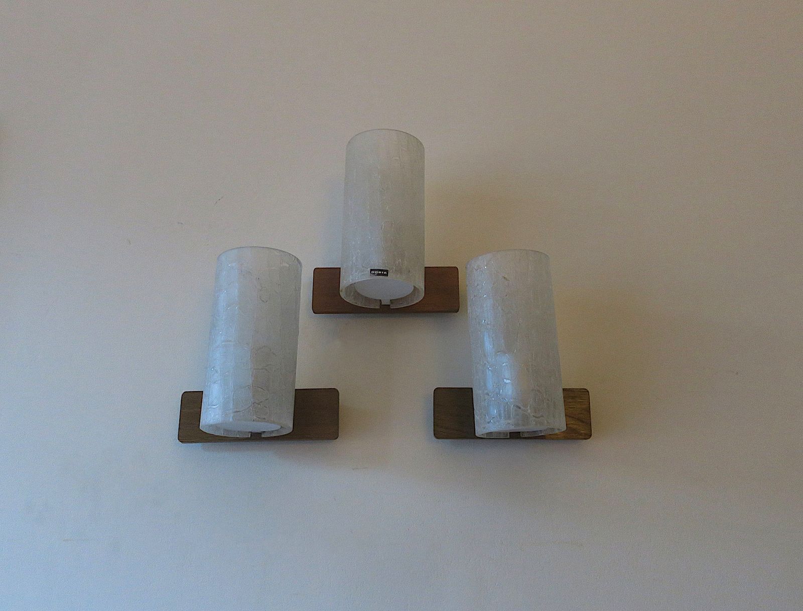 Set Of 3 Doria Frosted Crackled Glass And Teak Wall Lights, 1960s photo buy