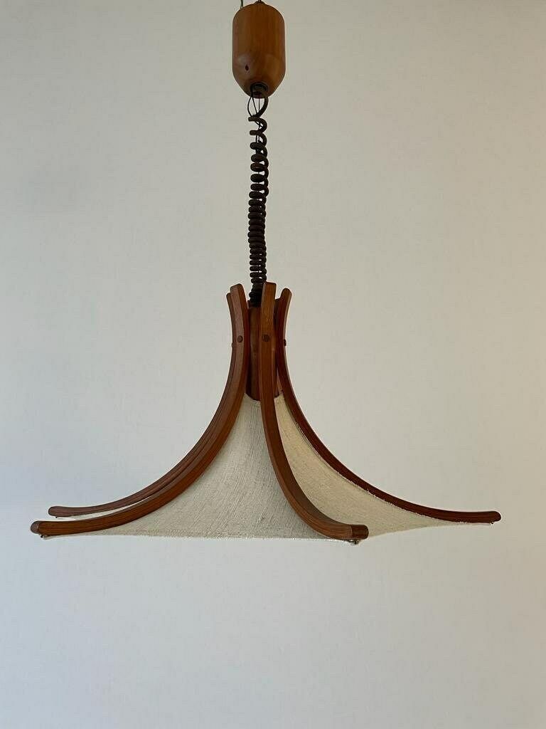 Linen And Wood Adjustable Height Pendant Lamp By Domus, 1980s, Italy
