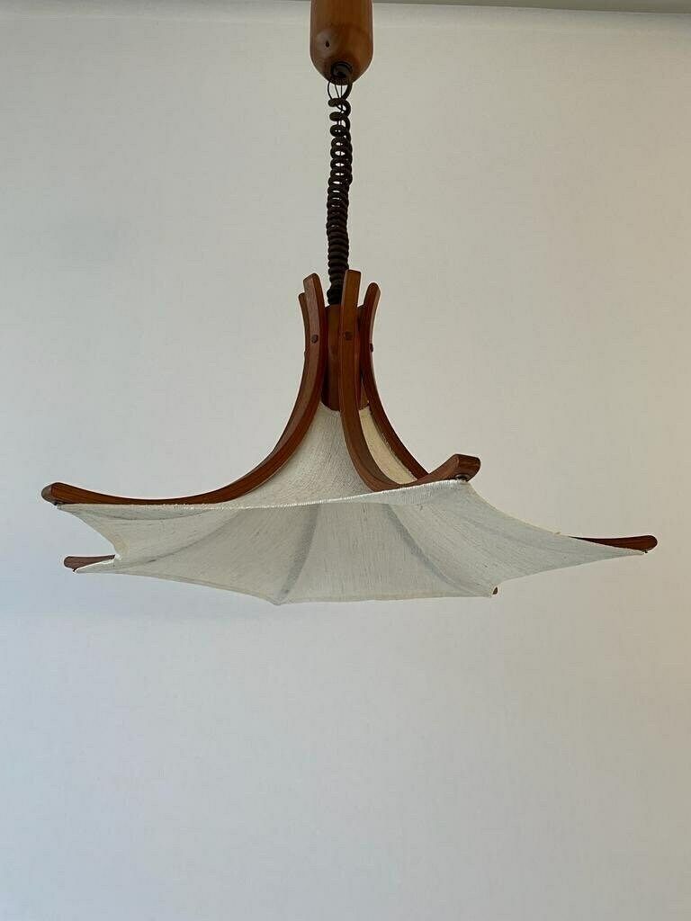Linen And Wood Adjustable Height Pendant Lamp By Domus, 1980s, Italy photo 1412.0