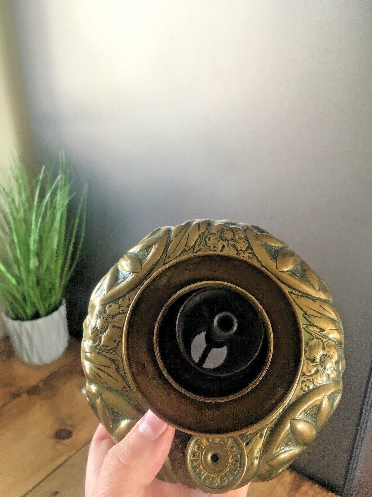 photo for sale Antique Thermidor Improved Lampe Belge Floral Brass Oil Lamp Base Lantern Light