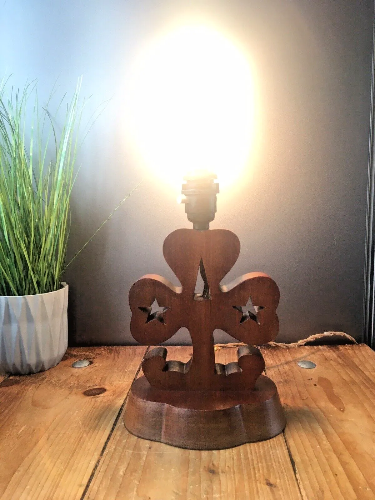 Lighting Antique Turned Wood Teak 3 Leaf Clover Stars Table Lamp Base Irish Good Luck Girl Guides photo