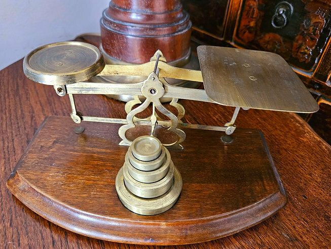 Antique Set Of Postal Or Letter Scales In Oak & Brass photo for sale