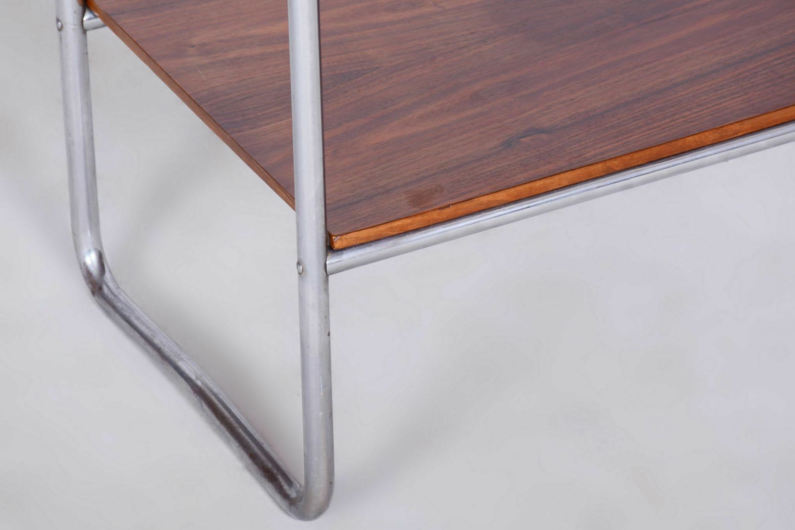 Restored Bauhaus Side Table, Walnut, Chrome Plated Steel, Czech, 1930s photo vintage