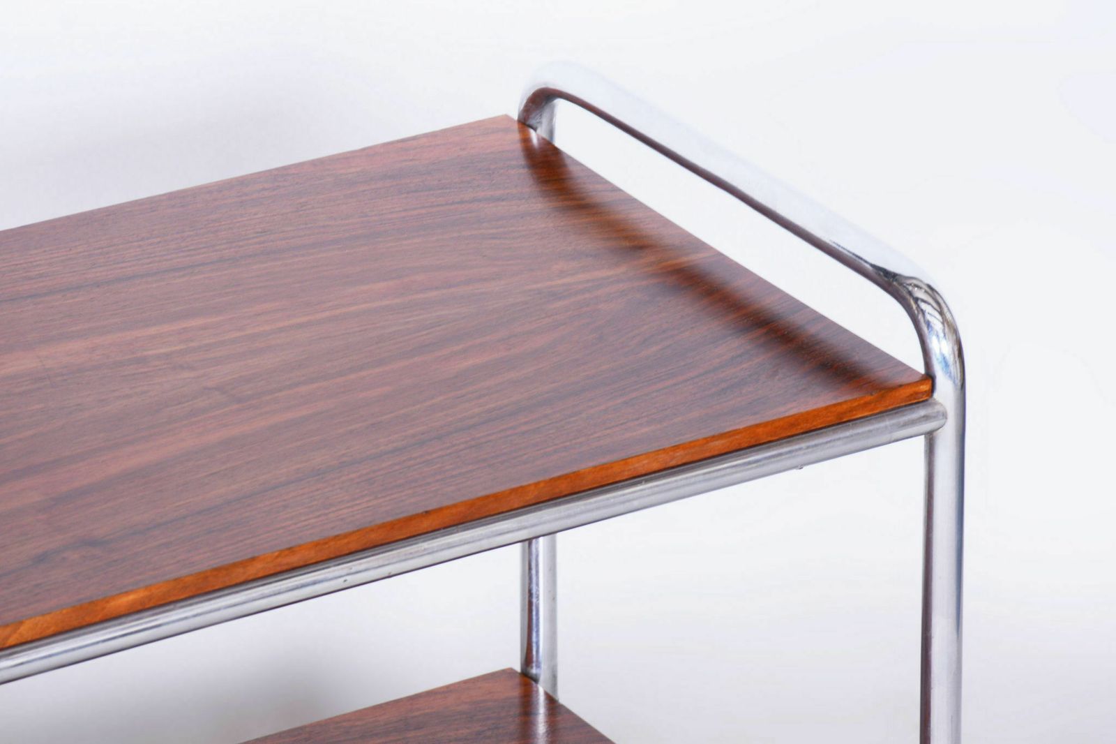 photo furniture Restored Bauhaus Side Table, Walnut, Chrome Plated Steel, Czech, 1930s