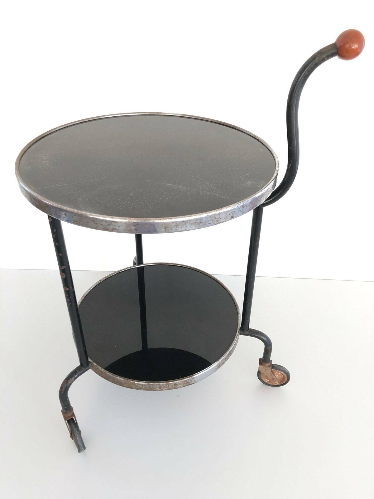 Art Deco 2 Layer Glass Rare Rolling Bar Cart With Ball Top Handle, 1940s photo furniture