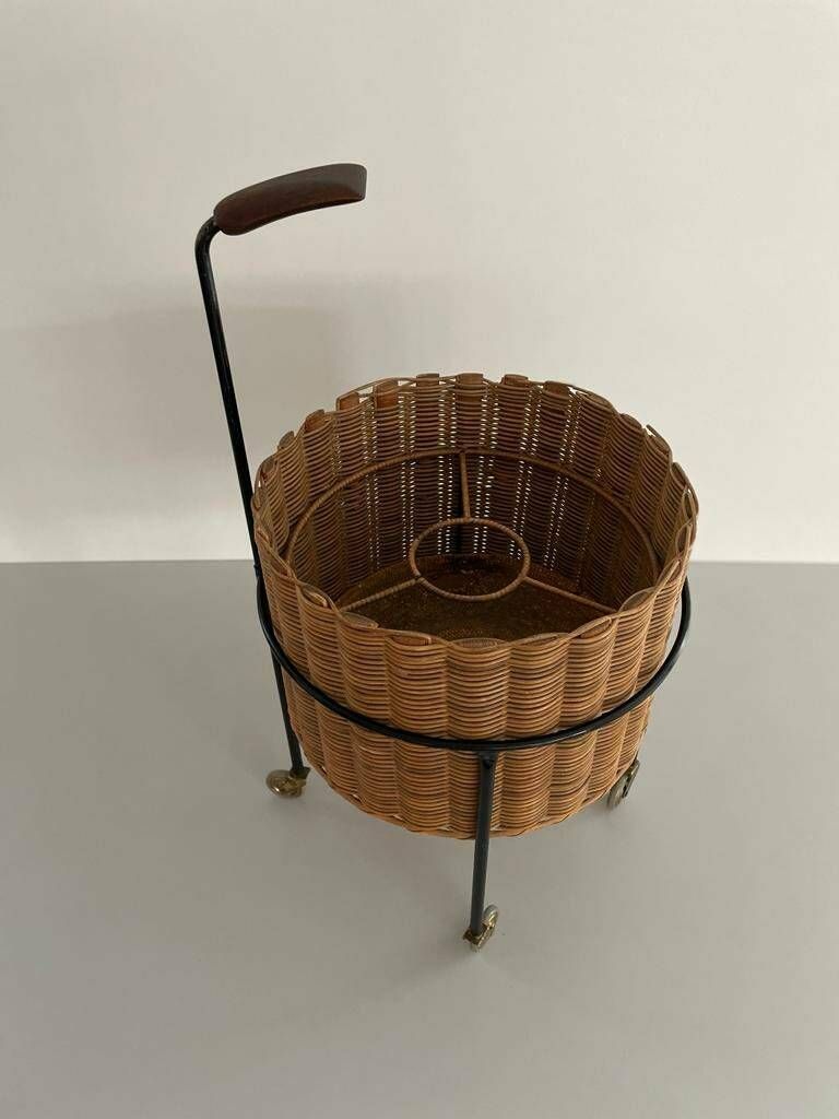 Wicker And Black Metal Round Serving Bar Cart, 1960s, Germany photo furniture