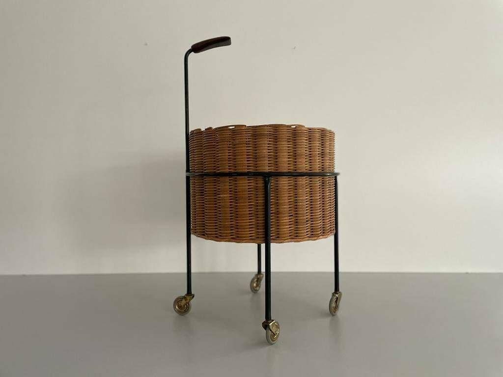 Wicker And Black Metal Round Serving Bar Cart, 1960s, Germany photo Furniture