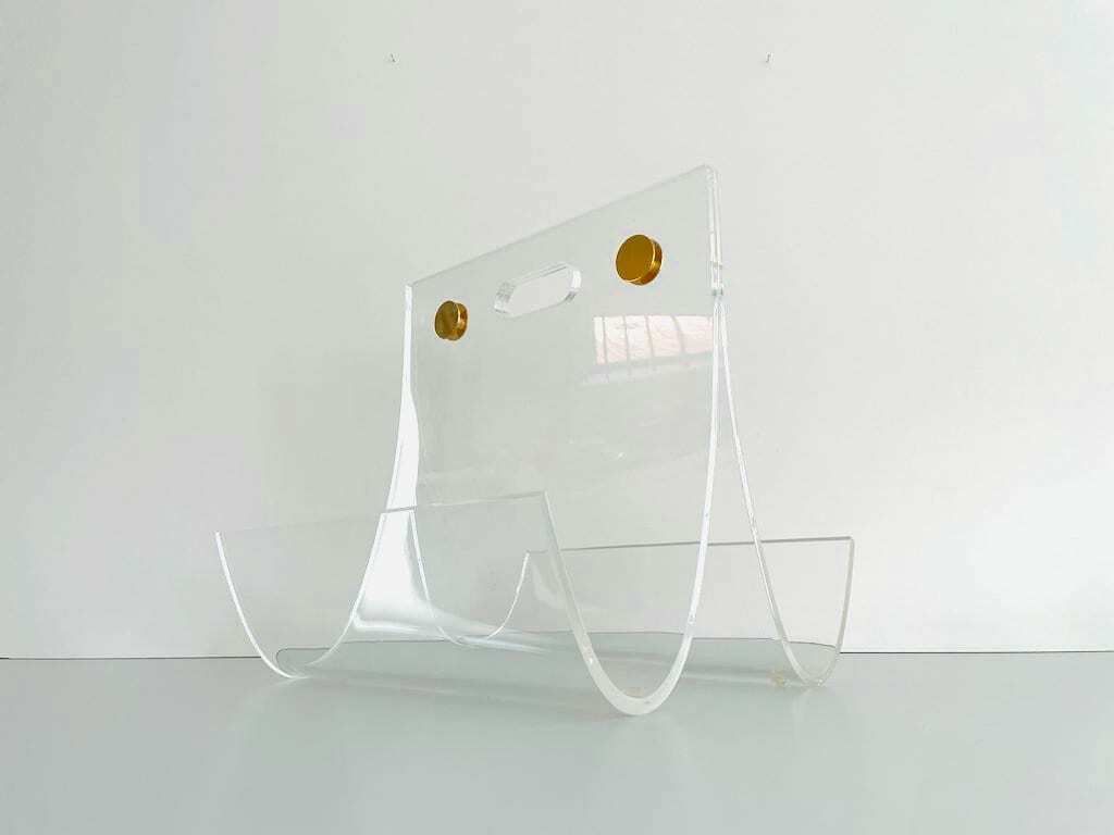 Elegant Heavy Thick Lucite Plexiglass Magazine Rack With Gold Details, 1970s photo Home Decor