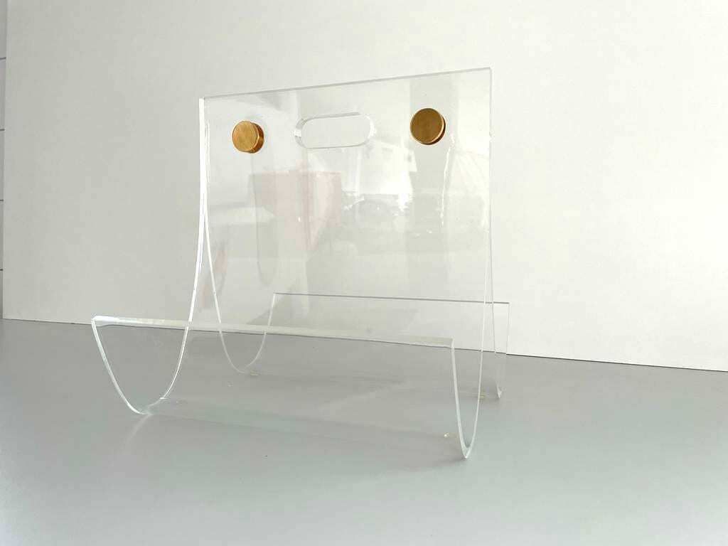 Elegant Heavy Thick Lucite Plexiglass Magazine Rack With Gold Details, 1970s photo 819.0
