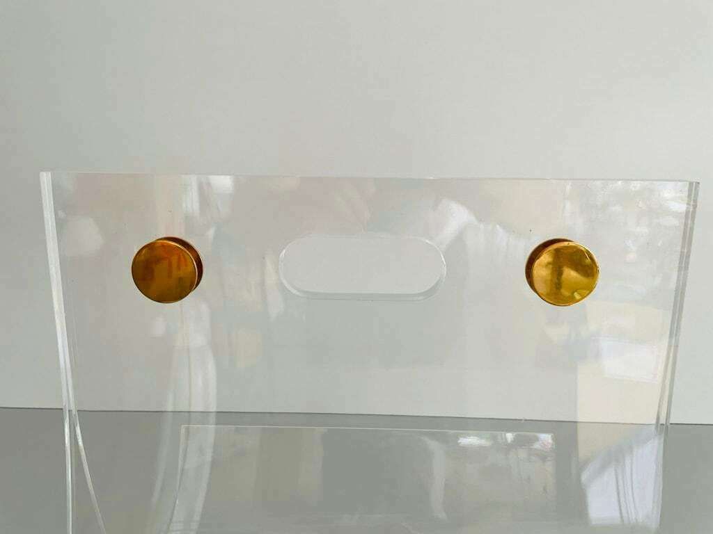 photo for sale Elegant Heavy Thick Lucite Plexiglass Magazine Rack With Gold Details, 1970s