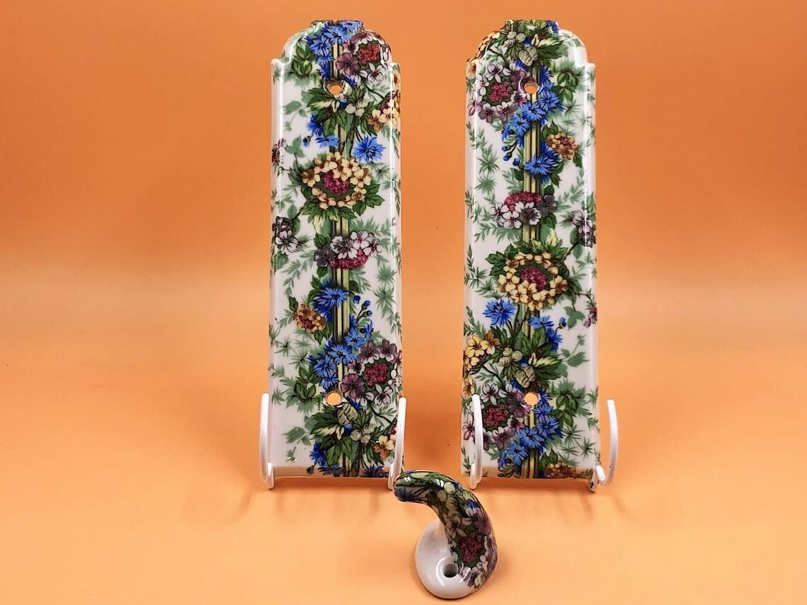 Pair Of Porcelaine De Paris, France Floral Chintz Finger Plates And Matching Coat Hook.