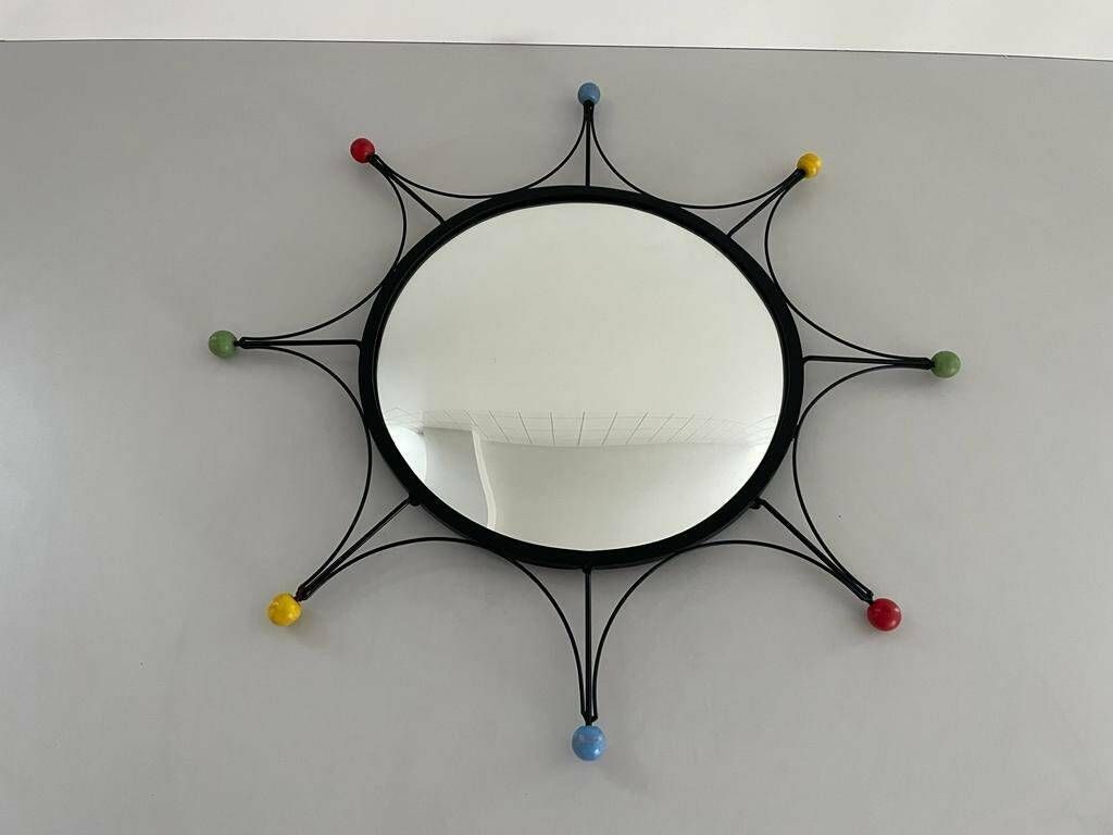 Round Black Metal Atomic Style Wall Mirror, 1980s, France photo furniture