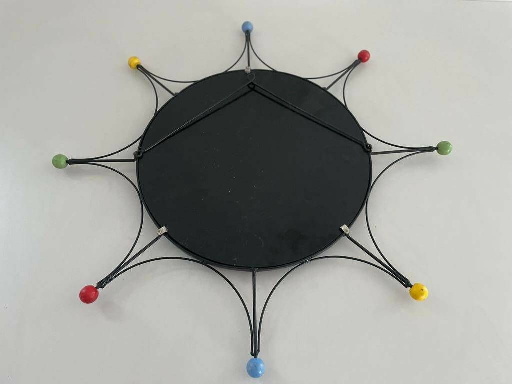 Round Black Metal Atomic Style Wall Mirror, 1980s, France photo vinterior