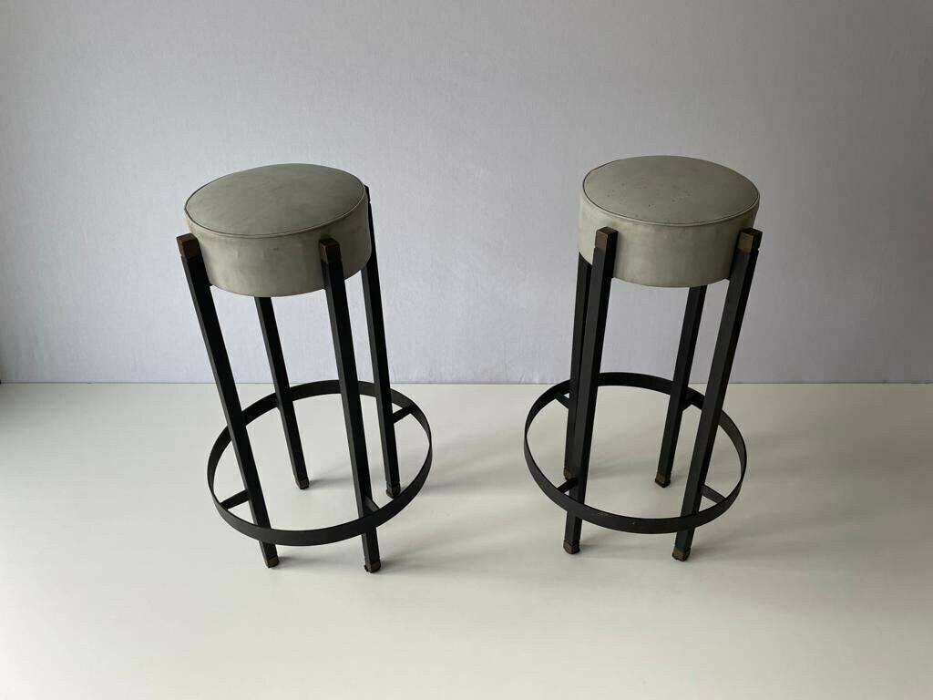 Italian Gray Leather Pair Of Bar Stools With Circle Footrests, 1960s, Italy