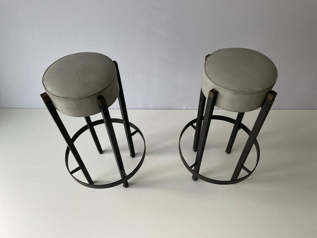 Italian Gray Leather Pair Of Bar Stools With Circle Footrests, 1960s, Italy photo furniture