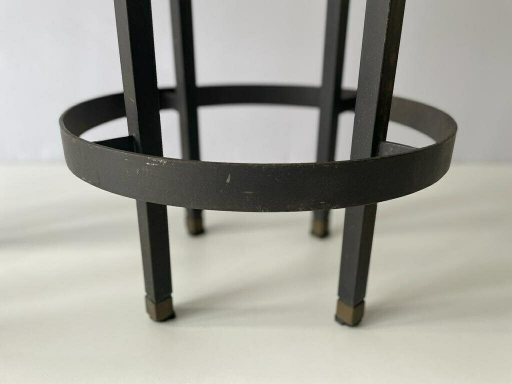 photo for sale Italian Gray Leather Pair Of Bar Stools With Circle Footrests, 1960s, Italy