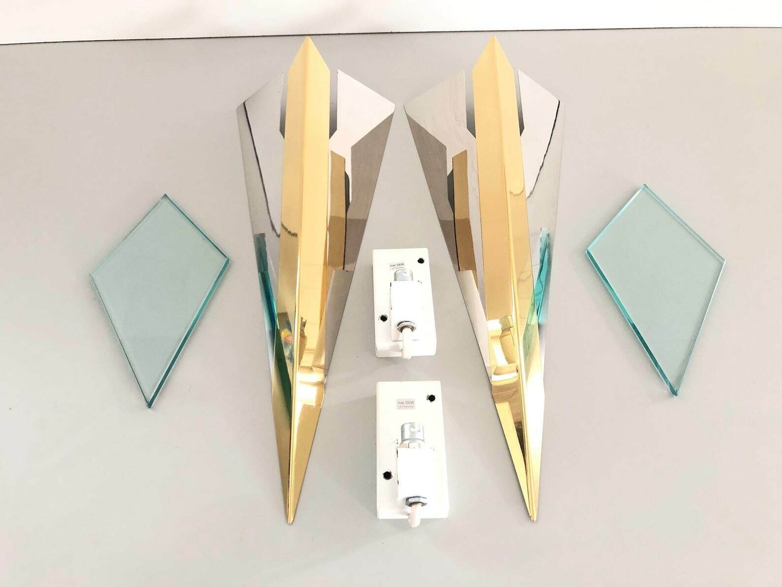 Luxurious Chrome And Gold Metal Triangle Design Pair Of Sconces By J.T. Kalmar, 1970s, Germany photo buy
