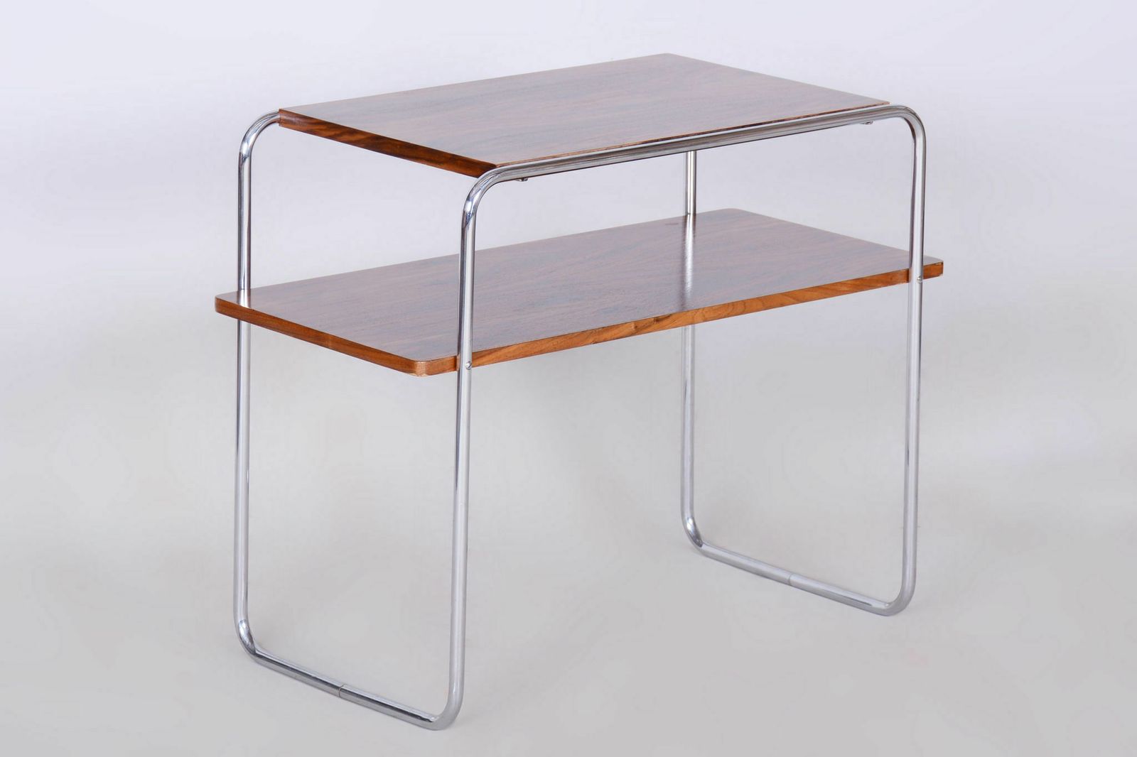 Restored Bauhaus Side Table, Hynek Gottwald, Walnut, Chrome Plated Steel, Revitalized Polish, Professionally Cleaned Chrome, Czechia, 1930s photo Furniture