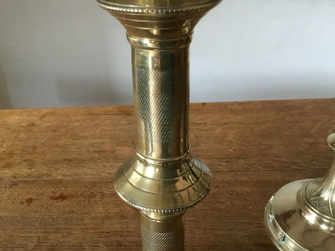Stunning Set Of 3 Large Brass Gothic Revival Church Altar Candlesticks photo vinterior