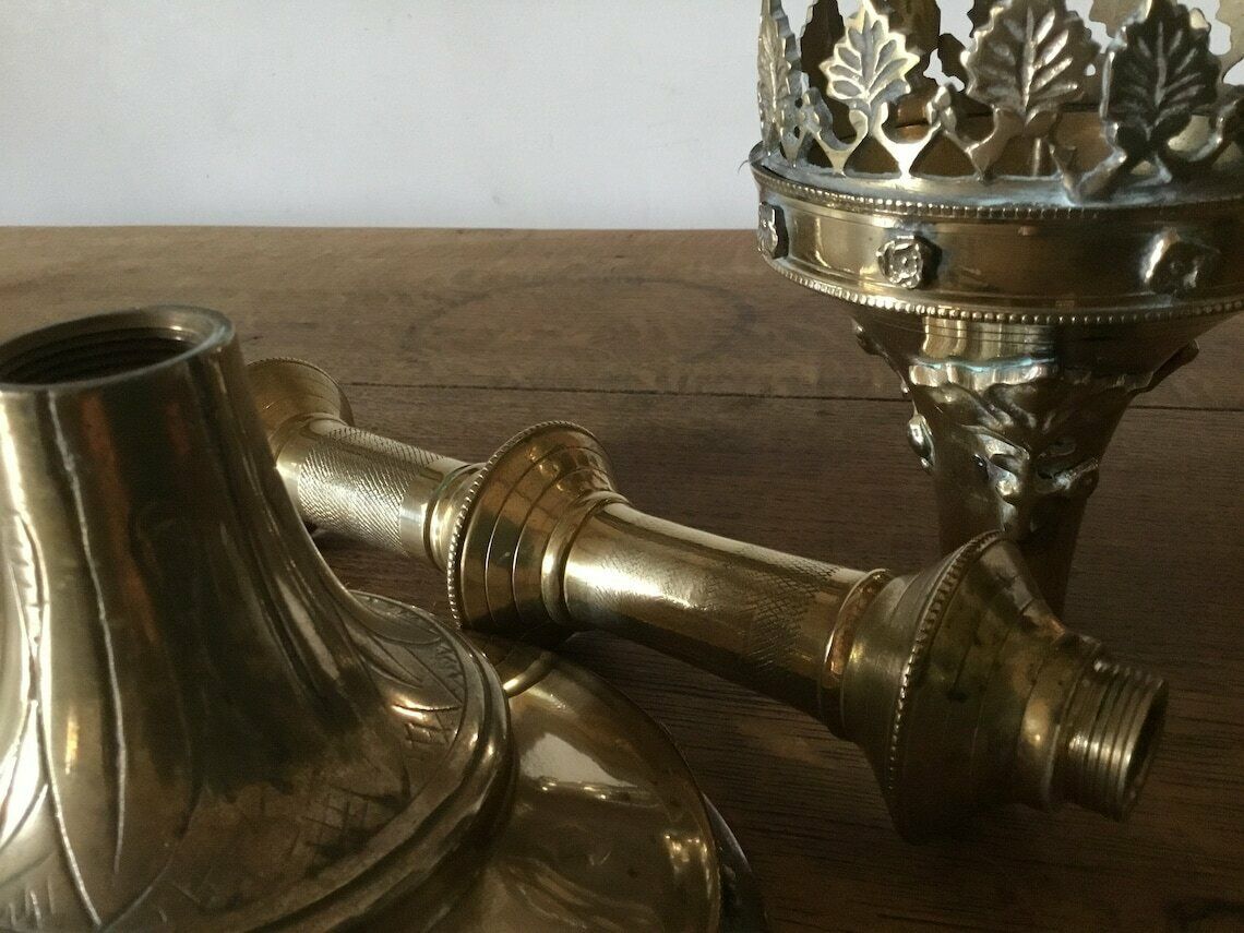 Stunning Set Of 3 Large Brass Gothic Revival Church Altar Candlesticks photo vintage