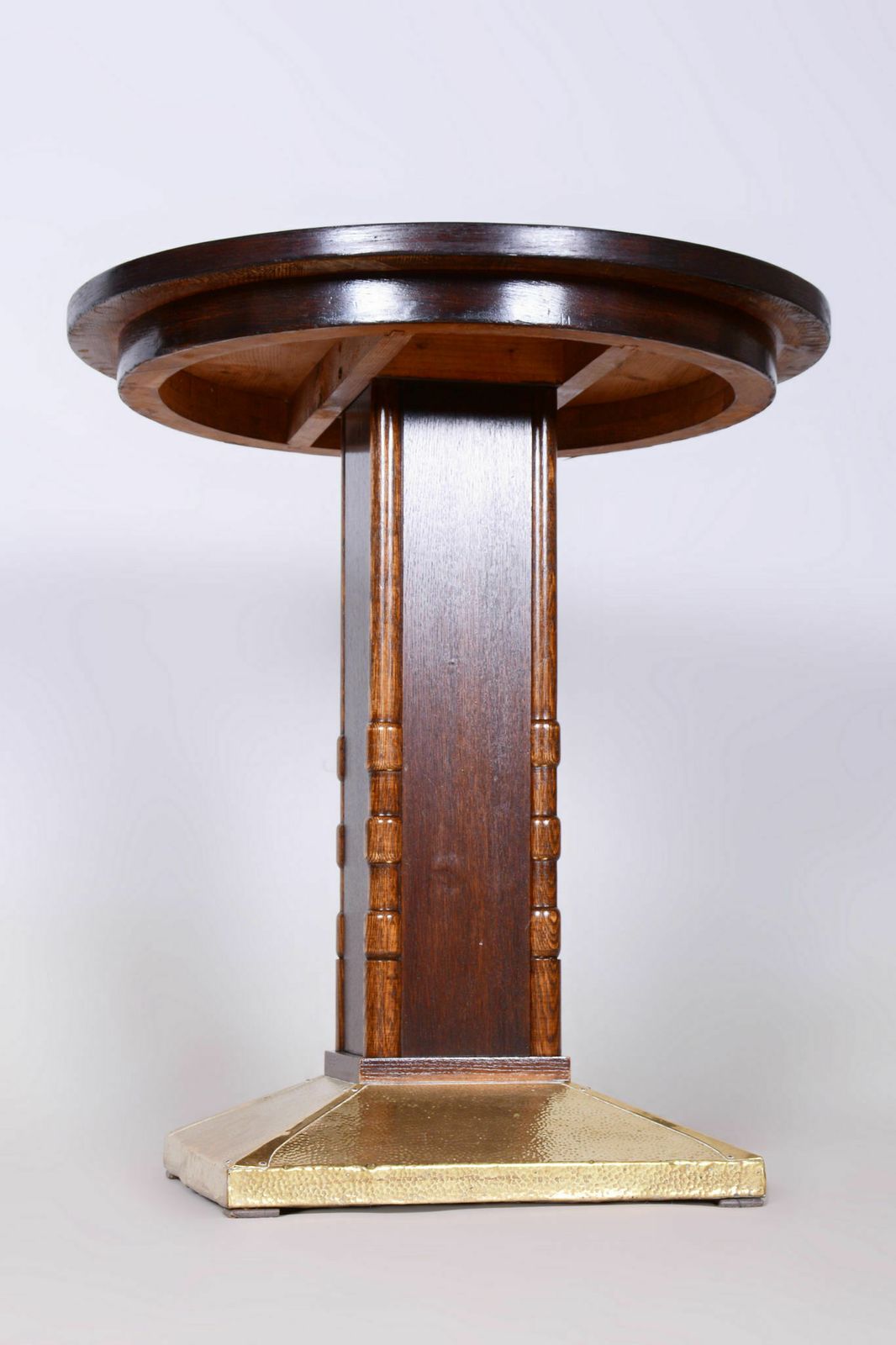 Restored Art Deco Small Table, Oak, Brass, Revived Polish, Czechia, 1920s photo vinterior