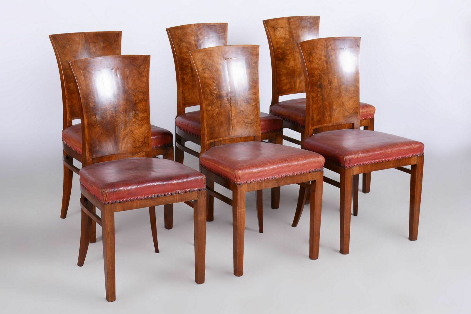 photo furniture Six Art Deco Chairs, Walnut, Restored, Original Upholstery, France, 1920s